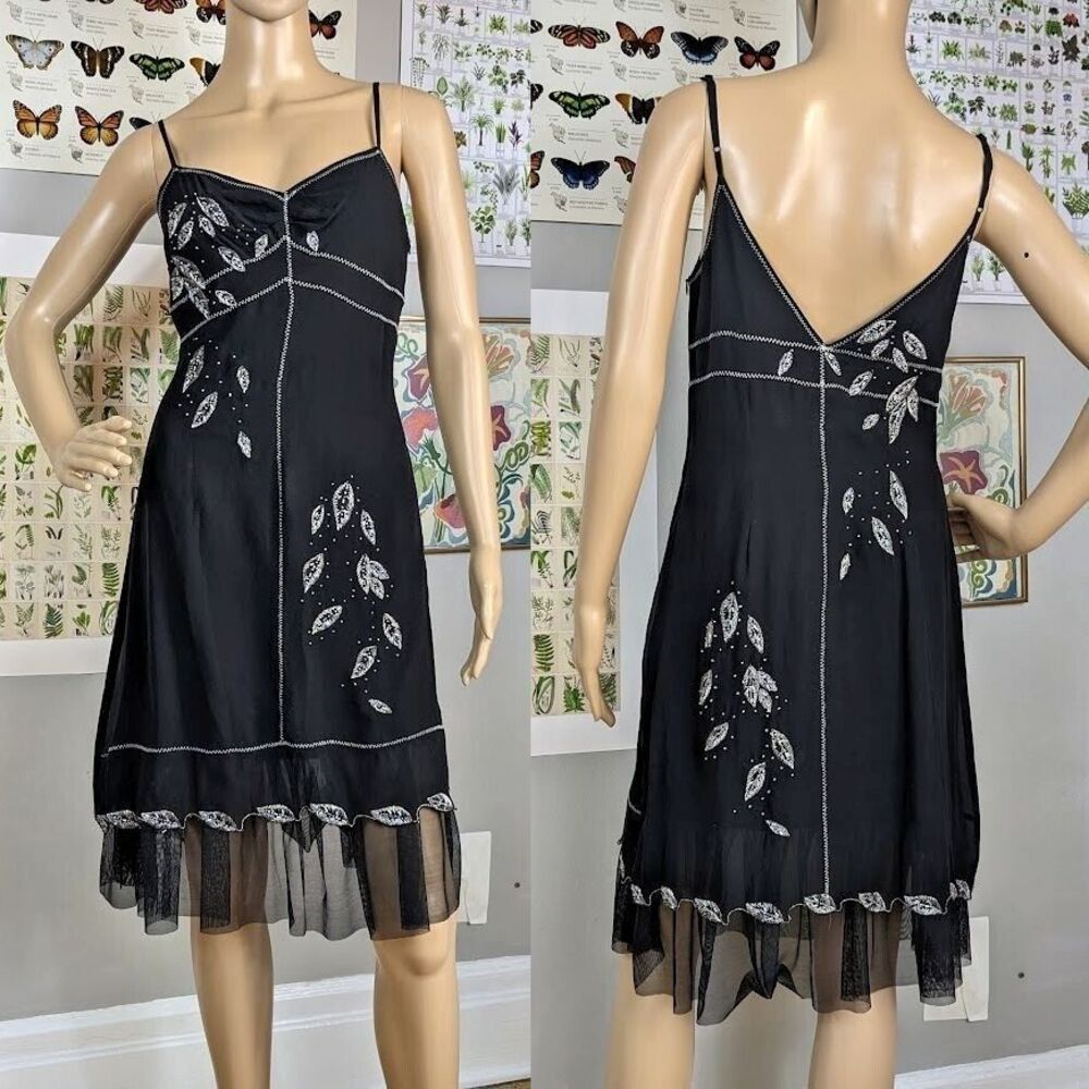 Vintage 90s y2k Sue Wong Silk Midi Dress Silver Beaded Dark Fairycore Size 6